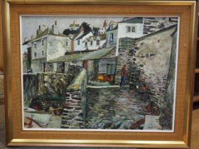 Jeremy King, '82: oil on board, "Fish Sellers at Port Isaac", 23" x 31 1/2", in linen lined frame