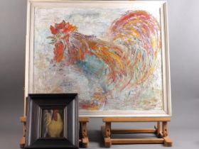 Amok: an oil on board, rooster crowing, 19 1/2" x 23 1/2", in painted frame, and an oil on canvas