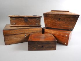 A 19th century rosewood workbox, 12" wide, a 19th century rosewood tea caddy (no interior), a