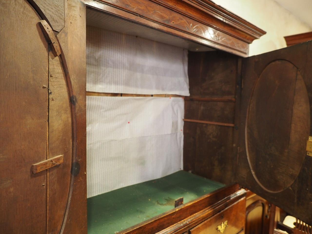 An oak linen press with box and ebony strung cornice, enclosed two doors (missing internal - Image 5 of 8