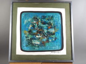 Paco Gorospe: Filipino school, oil on canvas, abstract, 23 1/2" square, in silvered frame