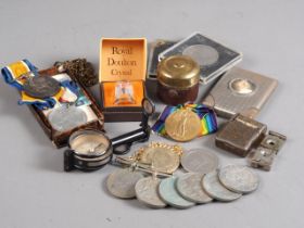 WWI and WWII medals, including a Defence medal, commemorative crowns, compass, a Swan Vesta case and