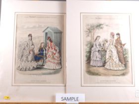 Eight 19th century hand-coloured fashion plates, from "The Queen", the ladies' newspaper, 1872,