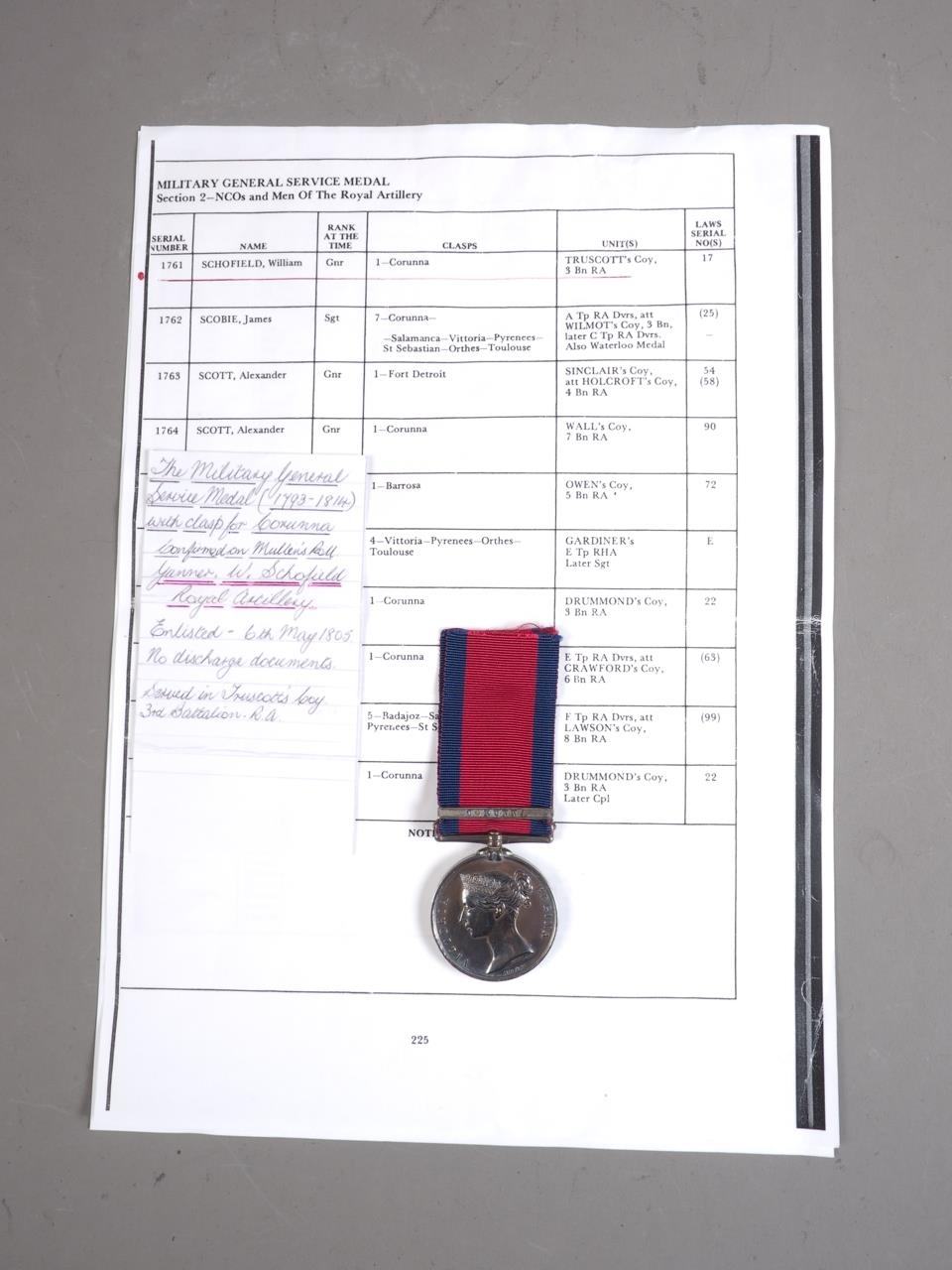 A military General Service medal 1809, awarded to Gunner Willaim Schofield, with Corunna bar, and - Image 3 of 6