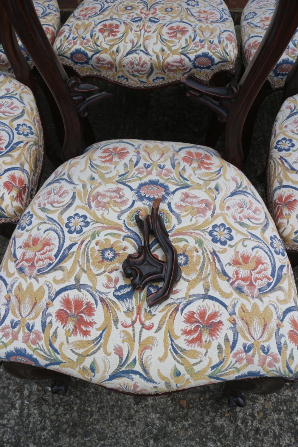 A set of six Victorian carved walnut loopback dining chairs with stuffed over seats, on cabriole - Image 2 of 6