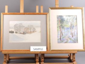 M R Bates: three watercolours, landscapes, and three others, in strip frames