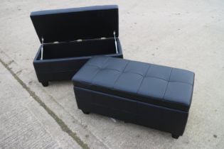 A pair of faux black leather ottoman, 35" wide x 16" deep x 16" high, two similar folding seats/