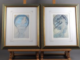 After Alfonse Mucha: a pair of colour prints, music and painting, and a colour print after Russell-