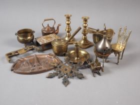 Four traveller's brass samples, a pair of miniature brass taper sticks and other metal wares