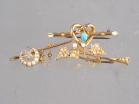 A 15ct gold, turquoise and diamond bar brooch, 2.9g, a 15ct gold and seed pearl bar brooch, 4g,