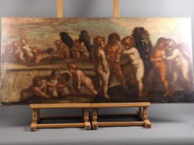 An 18th century Italian school, oil on canvas, putti playing, 18" x 40", unframed (cleaned and