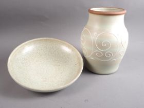 A Royal Lancastrian mottled green glazed bowl, 12" dia, and a Denby vase, 12" high