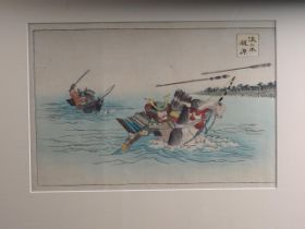Toyohara Chkanobu: woodblock, samurai horse race in the river, in ebonised frame, Katsushika