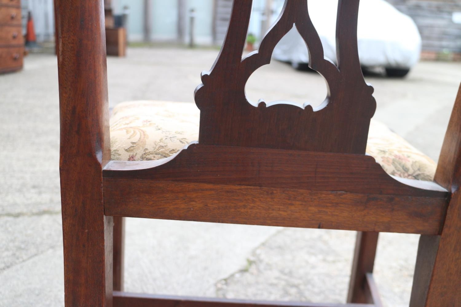 A pair of late Georgian mahogany shaped pierced twin splat dining chairs with serpentine stuffed - Image 3 of 3