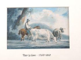 Peter Le Cave: watercolours, cattle and figure, 4 1/2" x 6 1/2", in gilt frame