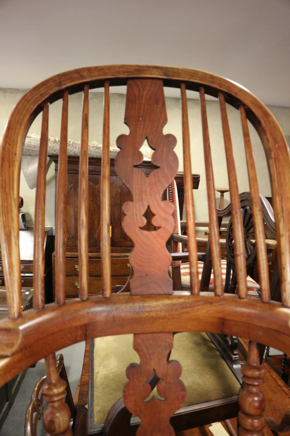 A Lancashire oak, ash and elm elbow chair with panel seat, on turned and stretchered supports - Image 2 of 2