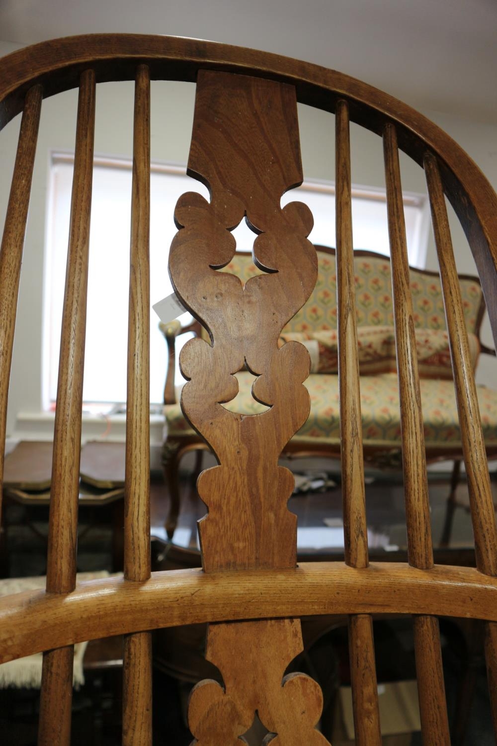 A Lancashire oak, ash and elm elbow chair with panel seat, on turned and stretchered supports - Image 2 of 2