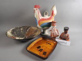 A studio pottery Beefeater, a Chelsea Pensioner, a cockerel decorated bowl, 13" dia (restored), a