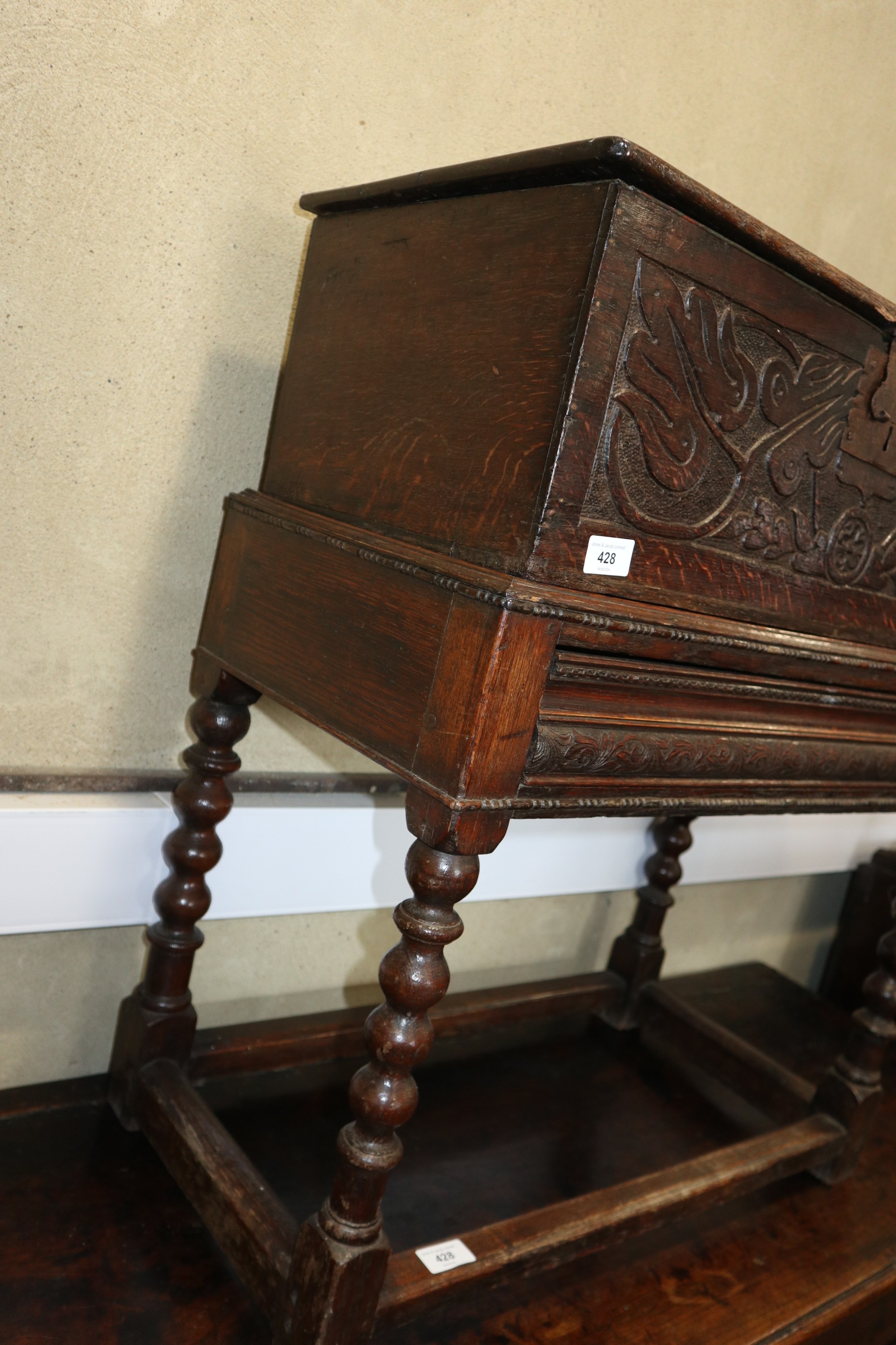 A late 17th century carved oak Bible/lace box, 25" wide x 13" deep x 29" high, on later stand with - Image 2 of 7