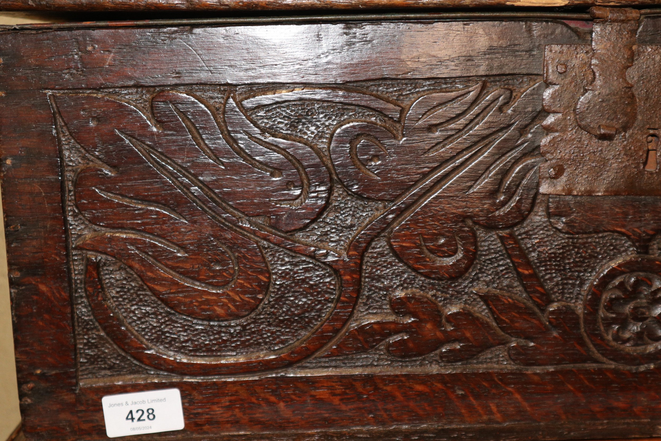 A late 17th century carved oak Bible/lace box, 25" wide x 13" deep x 29" high, on later stand with - Image 3 of 7