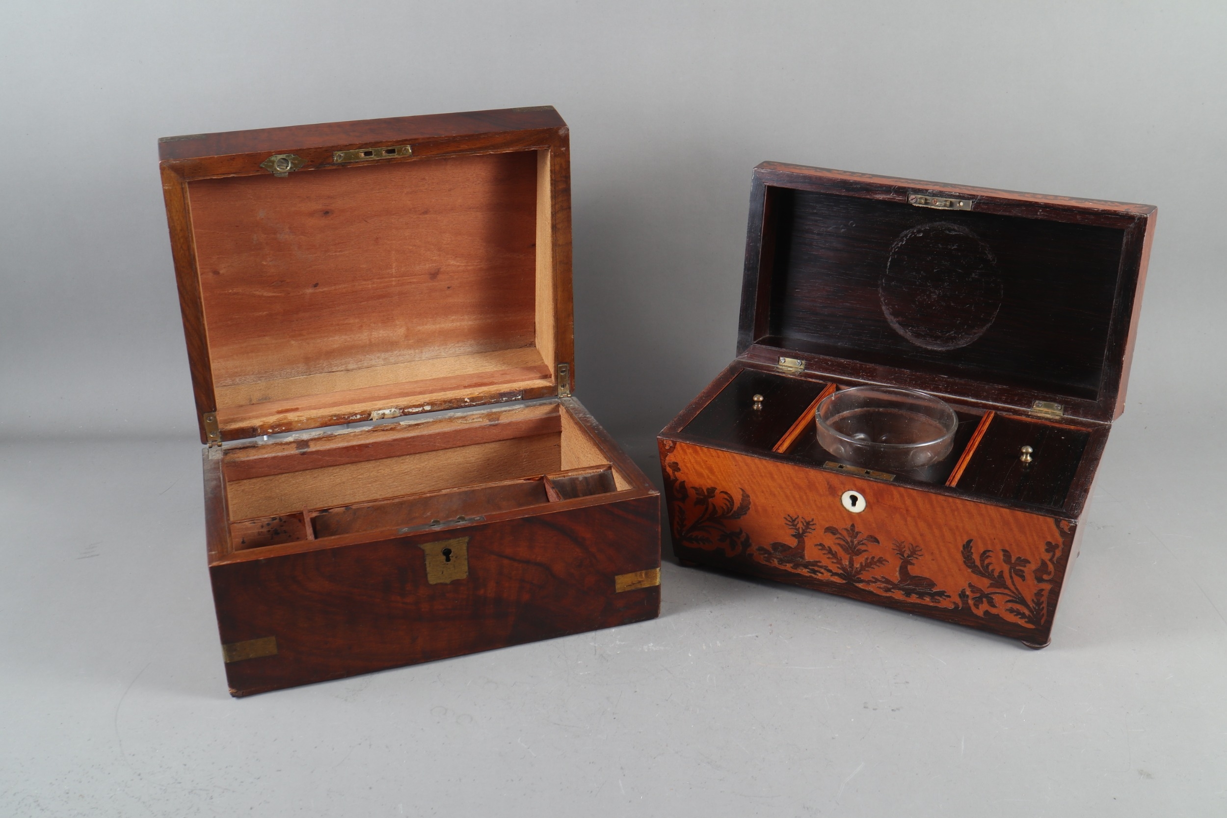 A late 19th century satinwood and rosewood marquetry sarcophagus tea caddy, 12" wide, and a mahogany - Image 2 of 2