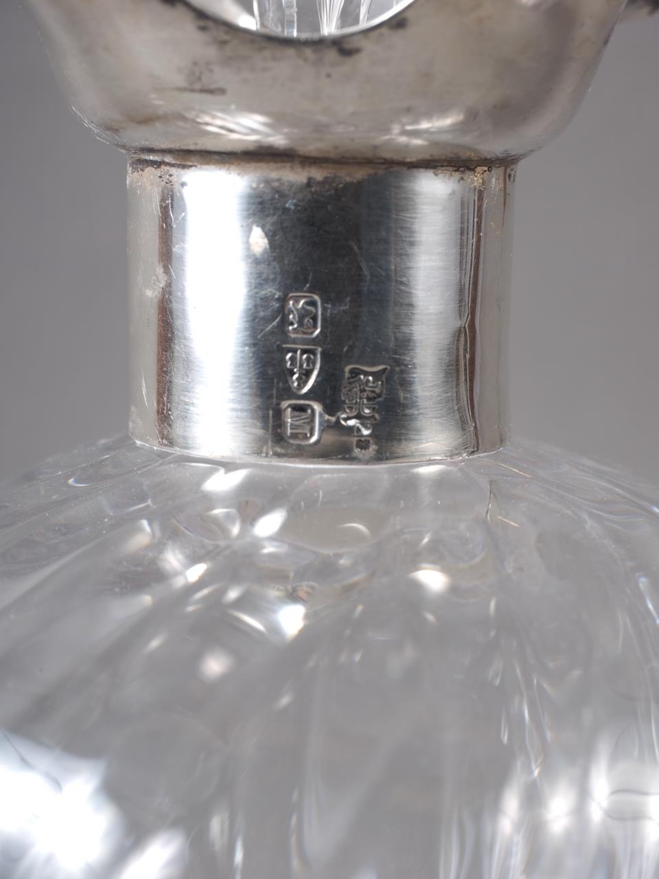 A Victorian blown glass "glug glug" decanter with silver collar, 10" high - Image 2 of 2