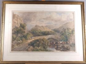 James Price: watercolours, landscape with cattle watering under a bridge, 14 1/2" x 22", in gilt