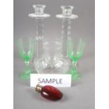 A ruby glass and silver gilt topped scent bottle, 3 1/4" high, four uranium glass goblets, a pair of