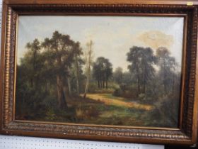 A Stone: oil on canvas, woodland scene, 18 3/4" x 28 3/4", in deep gilt frame