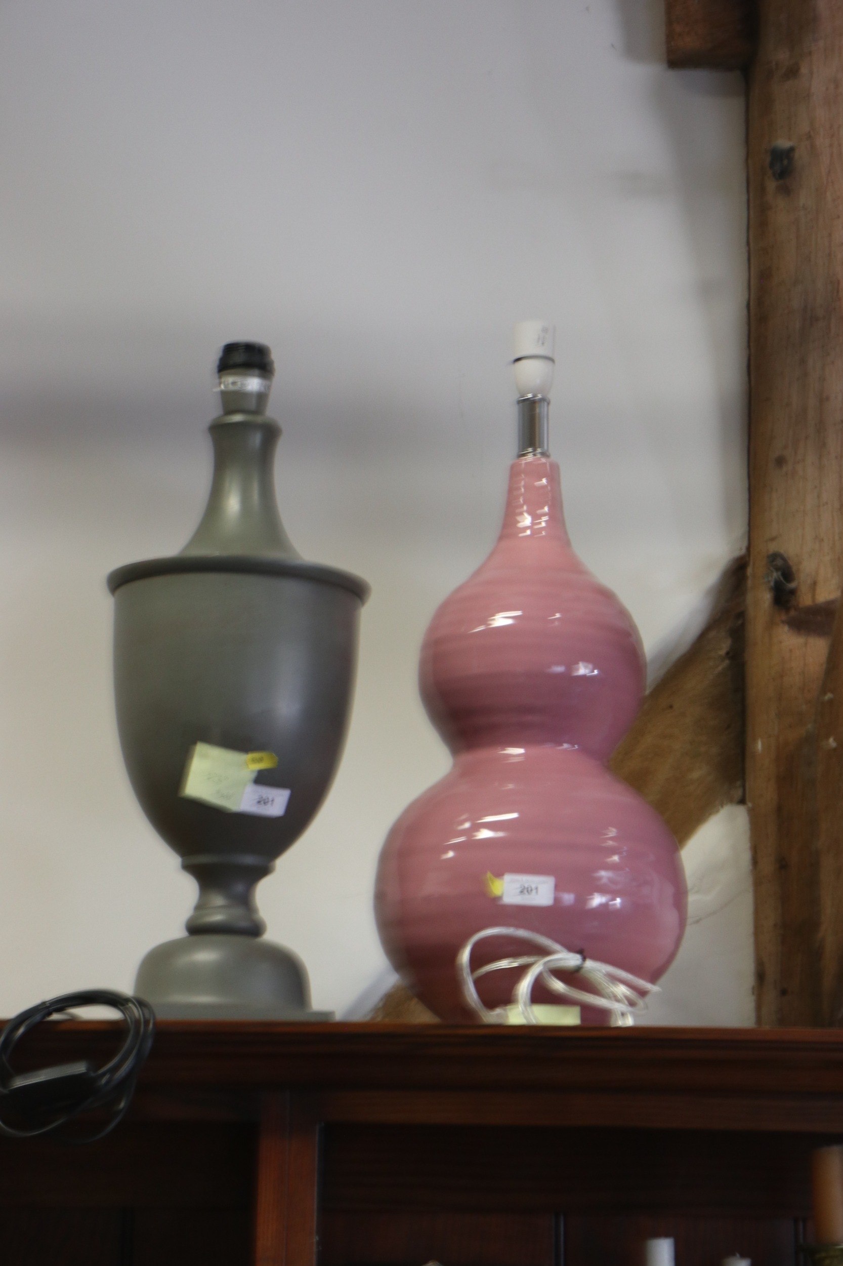 An OKA grey metal table lamp with slate base, 23" high, and an OKA pink ceramic double gourd vase