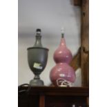 An OKA grey metal table lamp with slate base, 23" high, and an OKA pink ceramic double gourd vase
