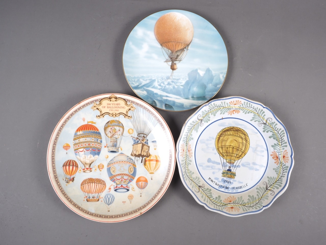 Two French faience plates, ballooning and fisher folk, and other decorative plates (chips to one - Image 2 of 5