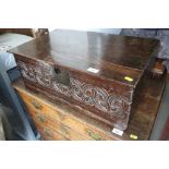 A late 17th century carved oak Bible/lace box, 25" wide x 15" deep x 9" high
