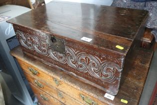 A late 17th century carved oak Bible/lace box, 25" wide x 15" deep x 9" high