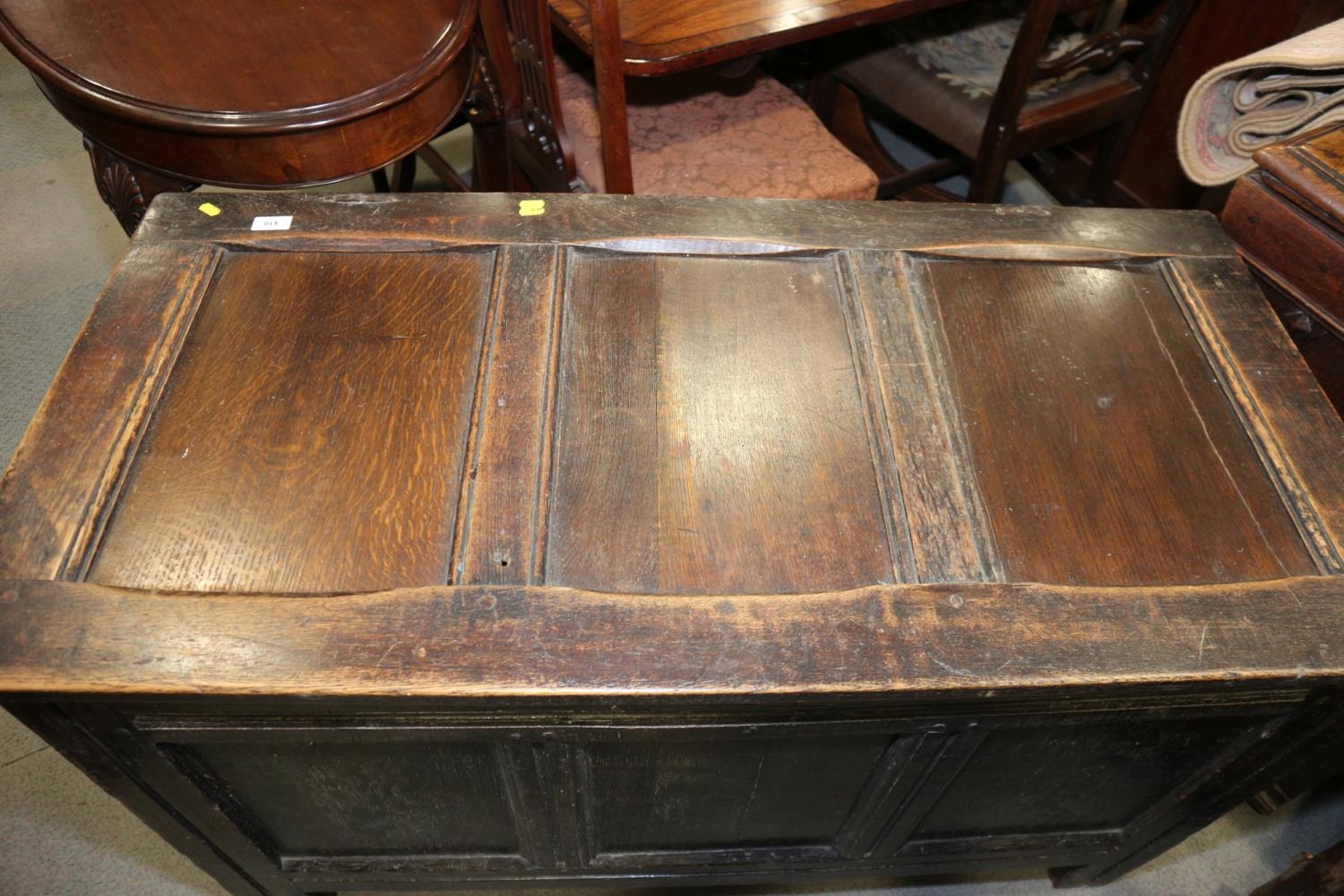 An early 18th century quarter cut oak triple panel front coffer, on moulded stile supports, 45 1/ - Image 2 of 5