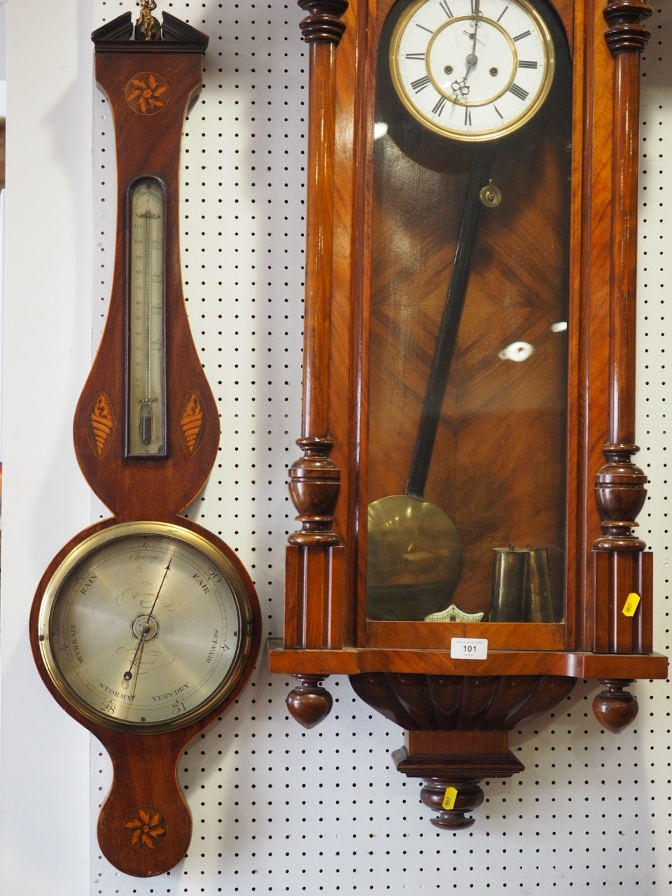 An Edwardian mahogany cased barometer and thermometer with inlaid shell decoration, 38" high