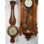 An Edwardian mahogany cased barometer and thermometer with inlaid shell decoration, 38" high
