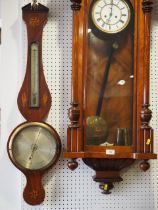 An Edwardian mahogany cased barometer and thermometer with inlaid shell decoration, 38" high