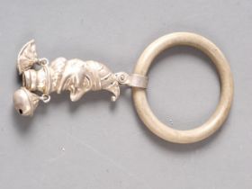 An Edwardian silver baby rattle, formed as Punch, with teething ring