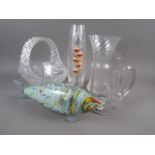 A cut glass bowl, a cut glass basket, three Dartington glass vases and other ornamental glassware