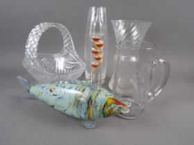 A cut glass bowl, a cut glass basket, three Dartington glass vases and other ornamental glassware