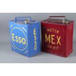 A vintage blue painted Esso petrol can, 12 1/2" high, and a similar red painted Motor Mex Spirit can
