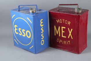 A vintage blue painted Esso petrol can, 12 1/2" high, and a similar red painted Motor Mex Spirit can