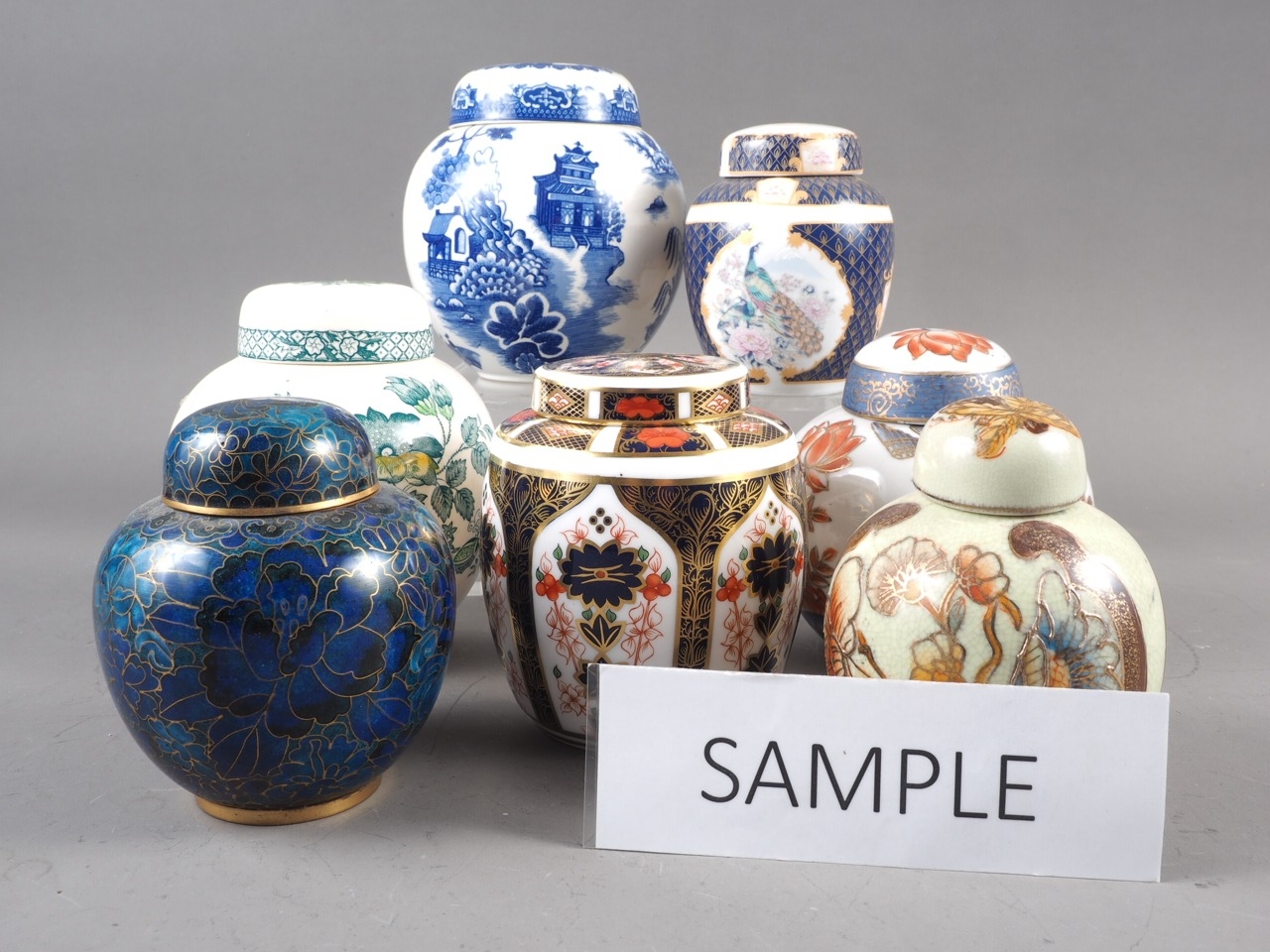 A quantity of ginger jars, including a Royal Crown Derby 1128 pattern ginger jar, a cloisonne