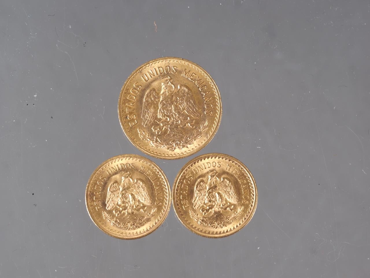 A Mexican 5 pesos gold coin and two Mexican 2 1/2 pesos gold coins, 8.3g gross - Image 2 of 2