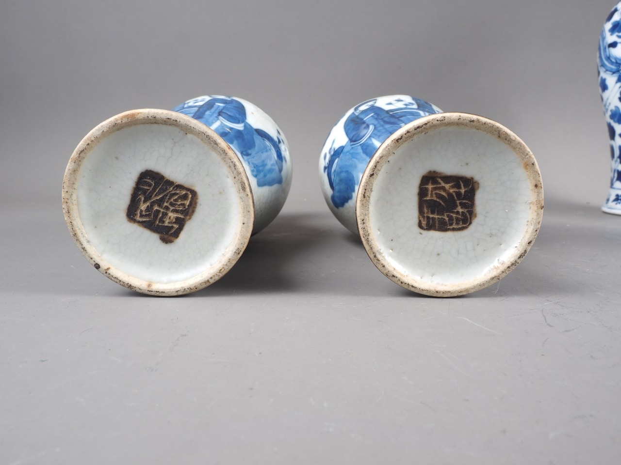 A pair of Chinese porcelain crackle ware vases with figure decoration, 8" high, a similar cylinder - Image 7 of 32