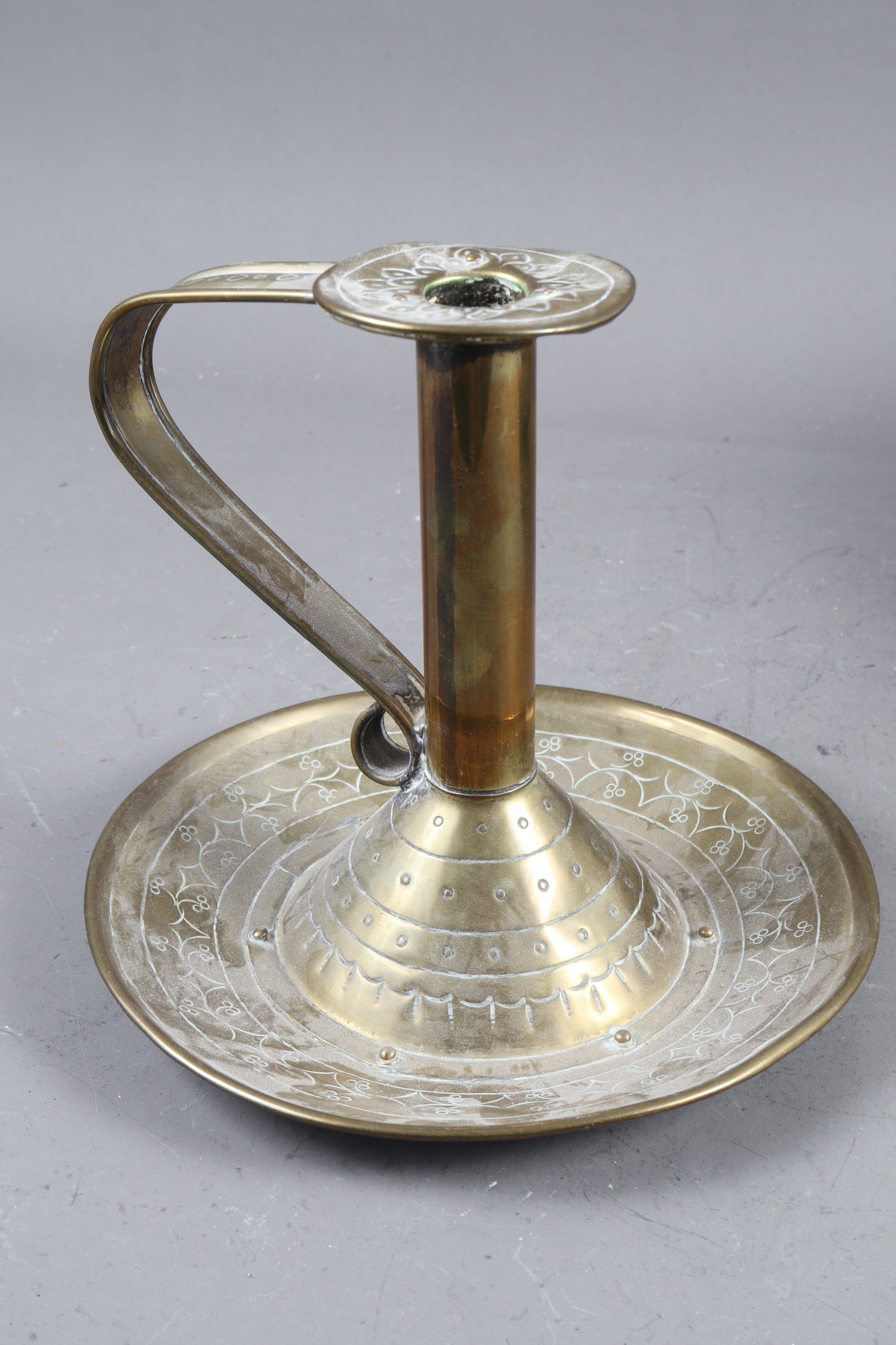 A pair of brass chamber sticks with engraved decoration, 6 1/2" high, a similar wall planter, a - Image 2 of 3