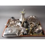 Two silver plated entree dishes and covers, a pierced bread basket, a quantity of plated flatware, a