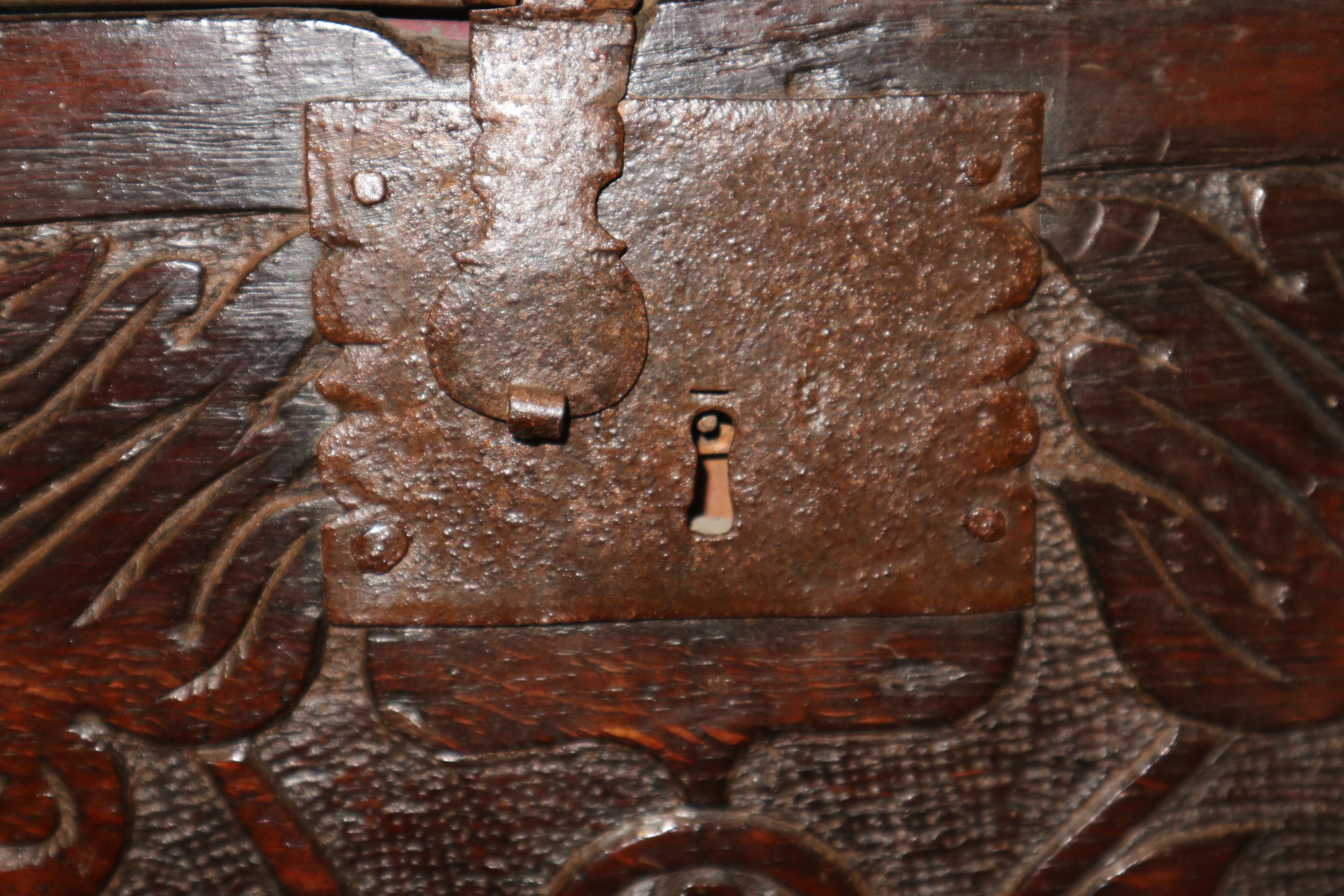 A late 17th century carved oak Bible/lace box, 25" wide x 13" deep x 29" high, on later stand with - Image 4 of 7