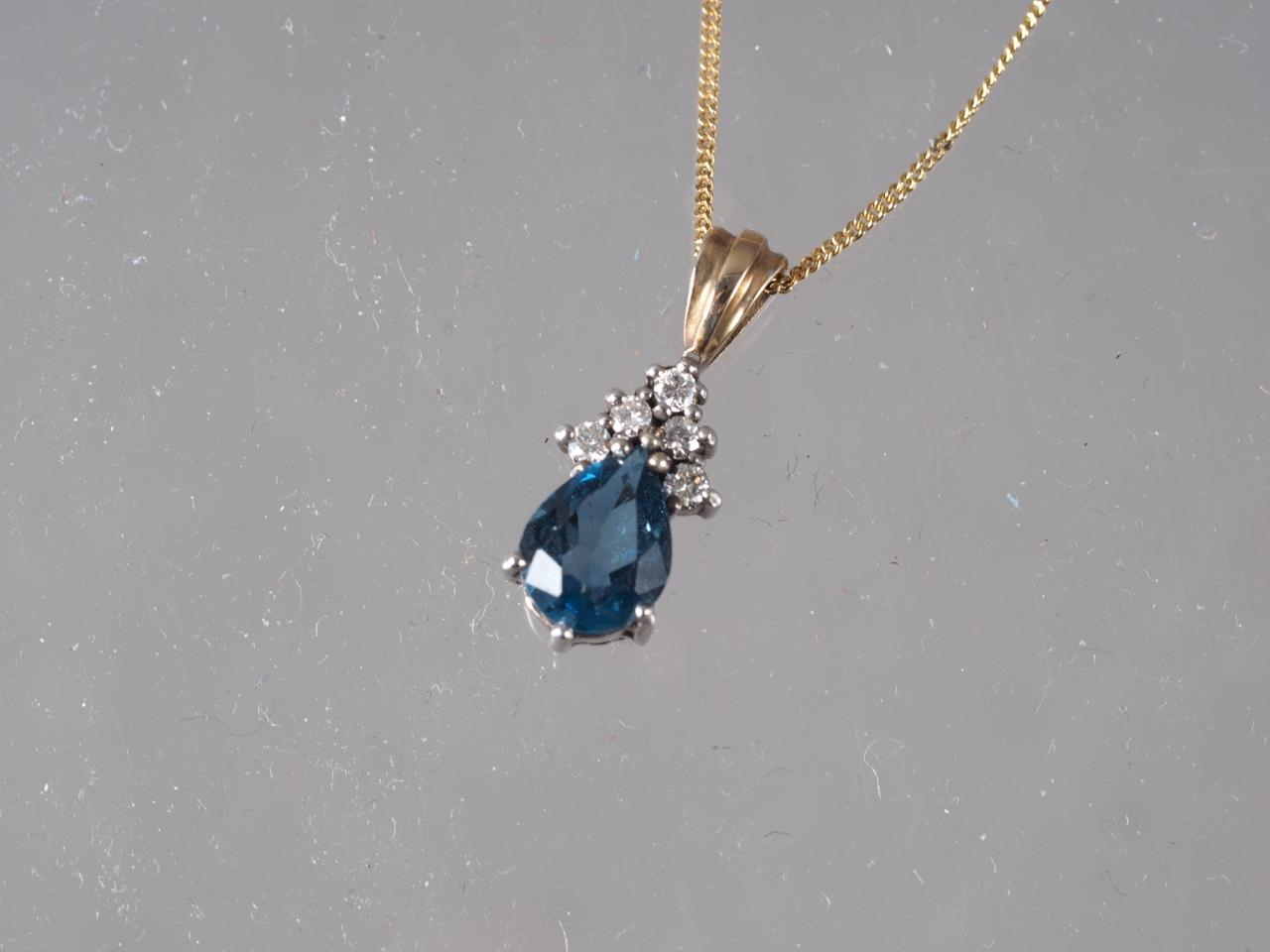 A diamond and blue stone pendant on fine 9ct gold chain, 2.2g, and a 9ct gold flat link necklace, - Image 2 of 2